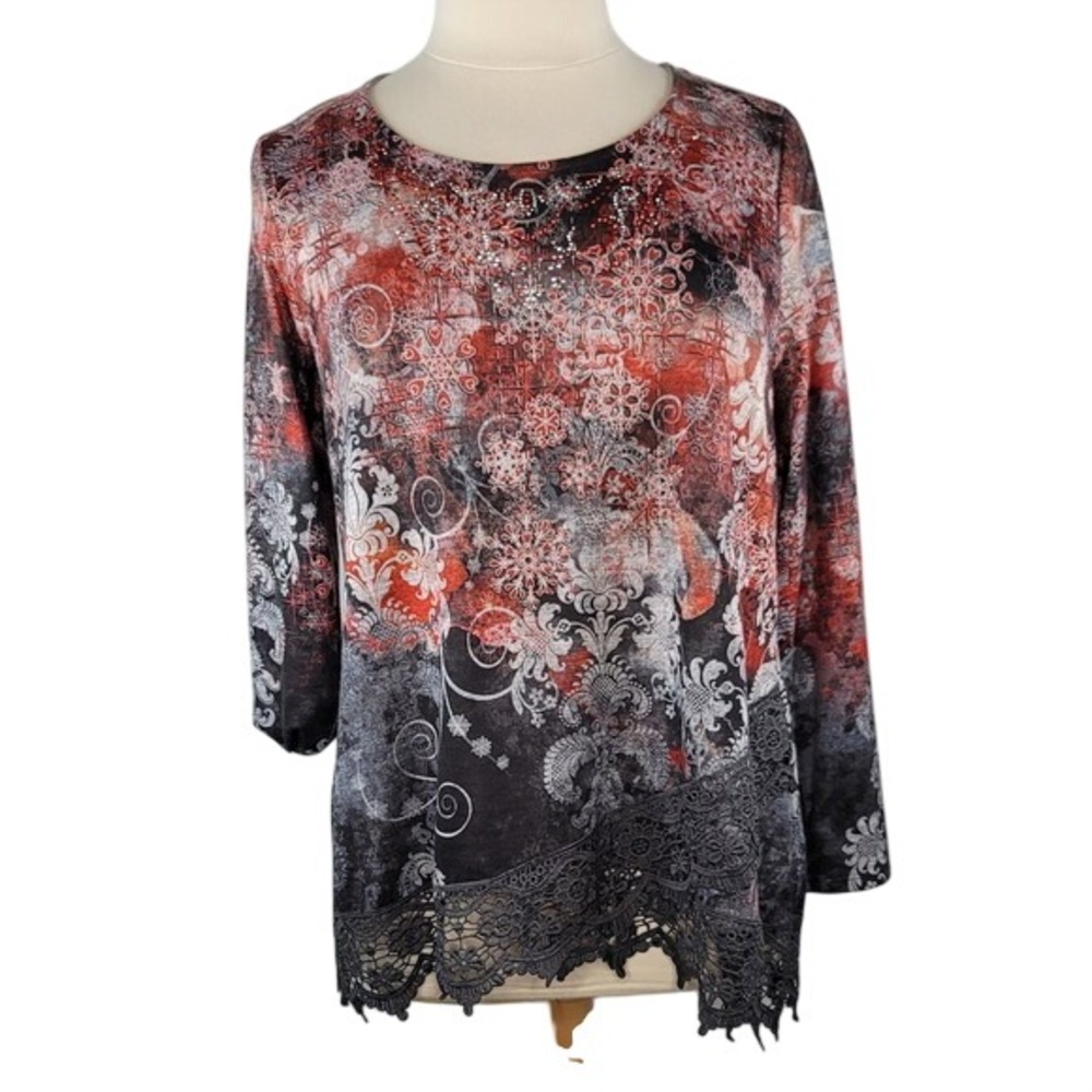 One World Red and Black Floral Lace-Hem Round Neck Top